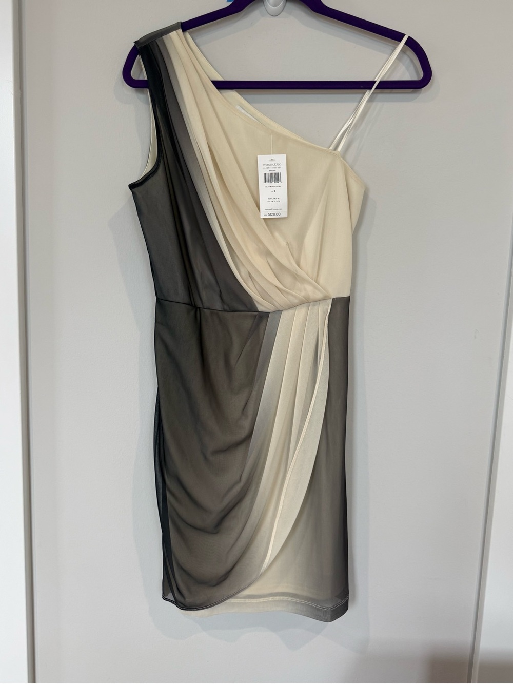 Max & Cleo One-Shoulder Draped Dress in Cream and Gray